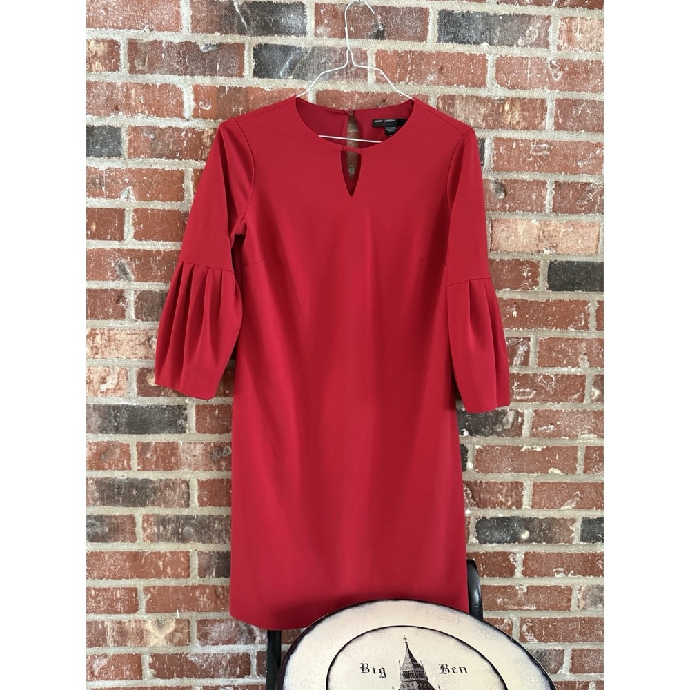 MAGGY LONDON Shift Red Dress Puff Sleeves Keyhole Neck Dress Womens 10 Pullover
